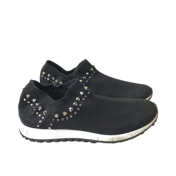 Jimmy Choo Verona Knit Sneakers Shoes Womens 38 8 Black White Slip On Studded - Picture 3 of 13